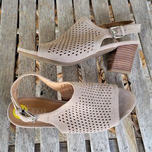 New FRANCO SARTO Beige Perforated Suede Slingback Block Heel Shoes 9